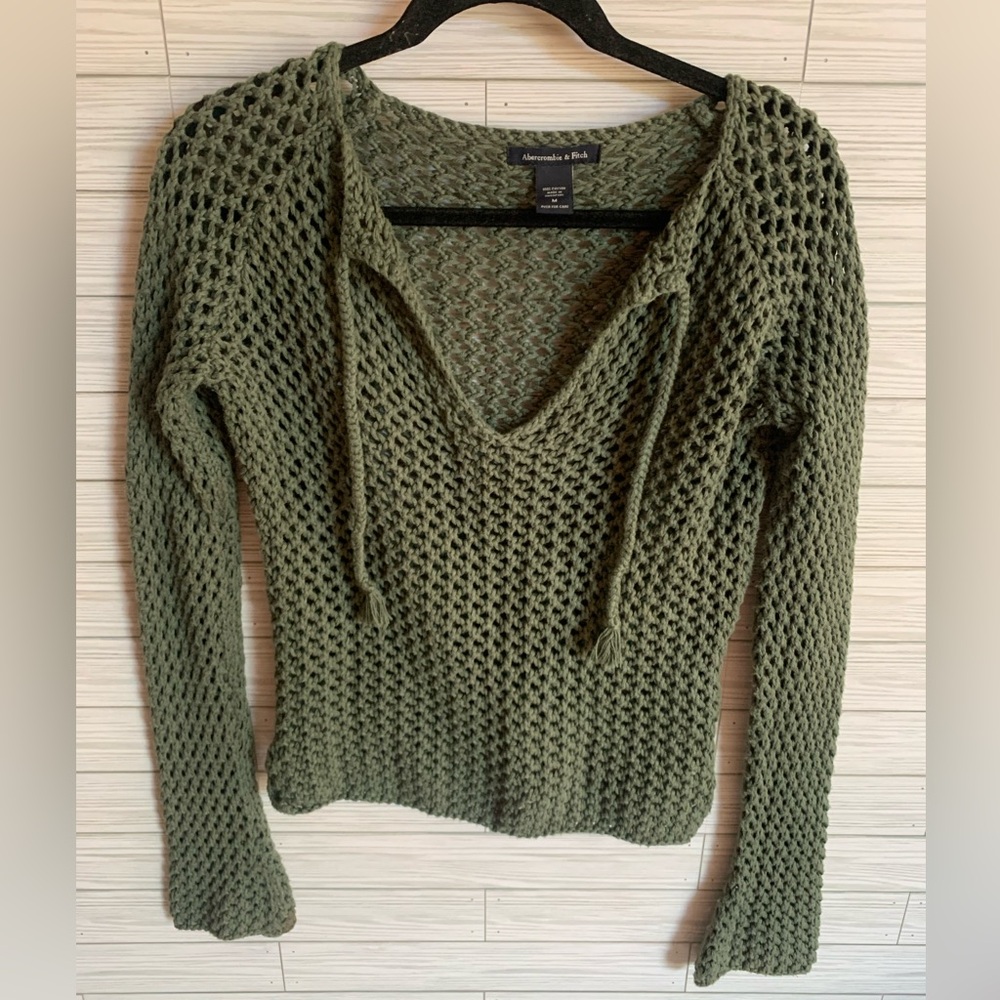 Abercrombie & Fitch Olive Open-Knit V-Neck Hoodie Sweater
